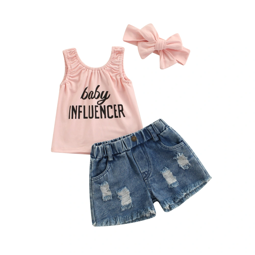 Girls 3 Pieces Outfit, Letter Print Tops + Denim Shorts + Headband