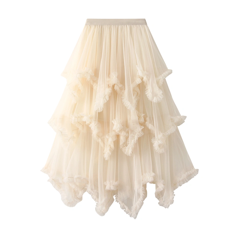 Women Layered Tulle Long Skirt, High Waist Solid Color Frill Skirt