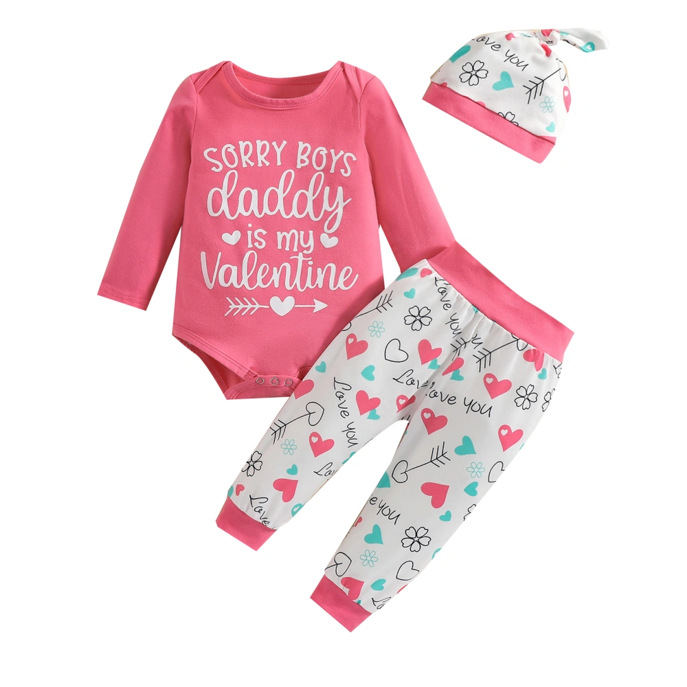 Baby Girl’s Valentine's Day Printed Romper and Trousers with Hat Set