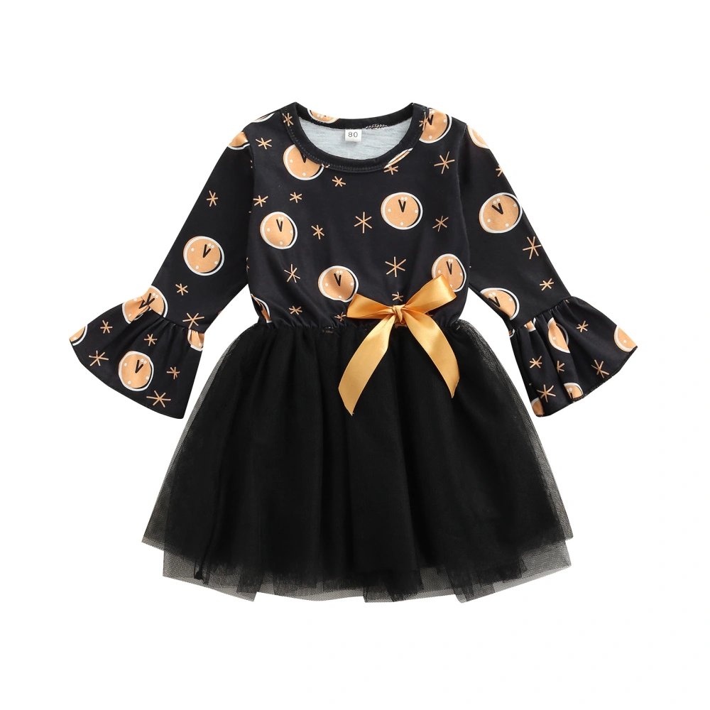 Girl One Piece Dress, Long Sleeve Round Neck Printed Tops Yarn Skirt