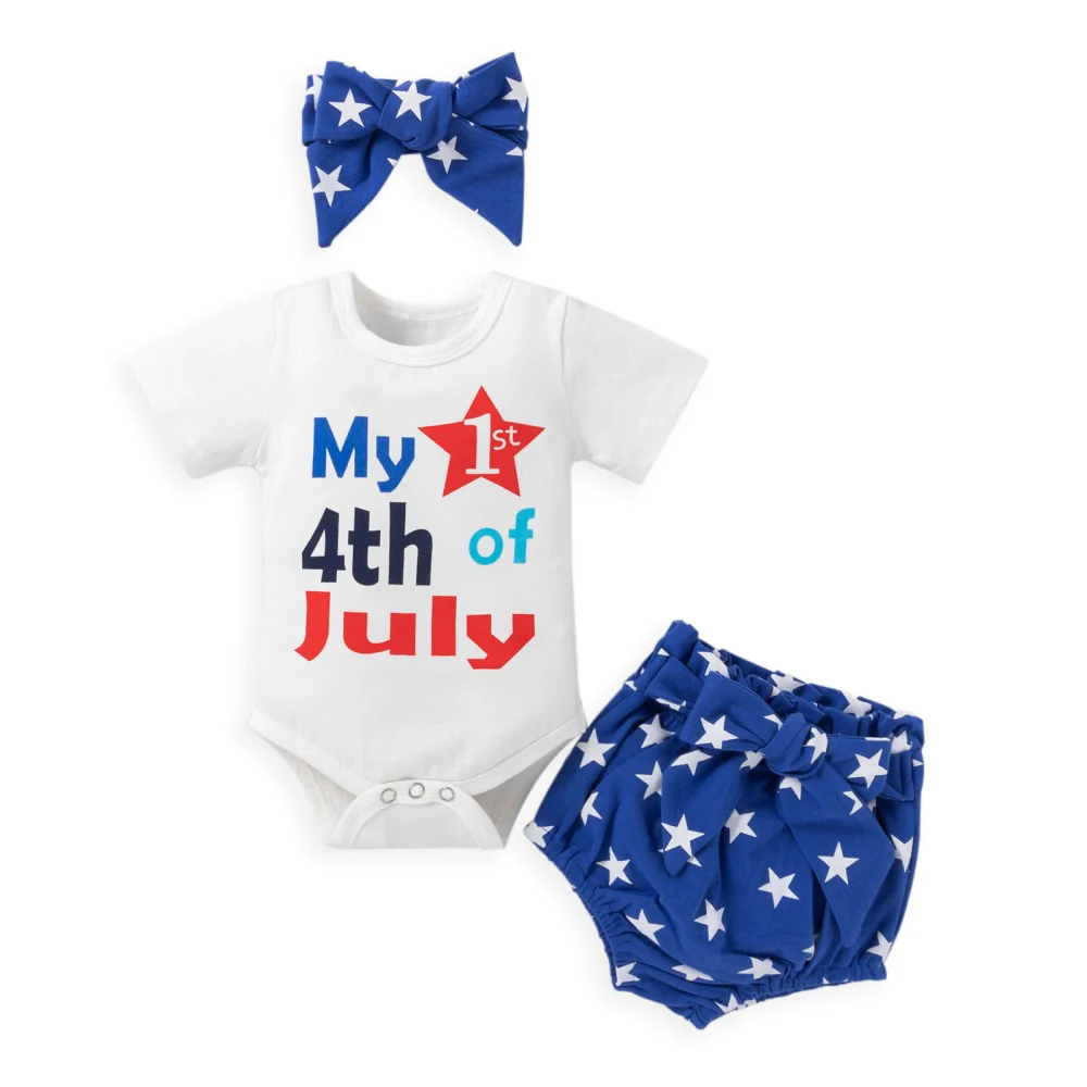 Baby My First 4th of July Outfits, Romper + Shorts + Headband