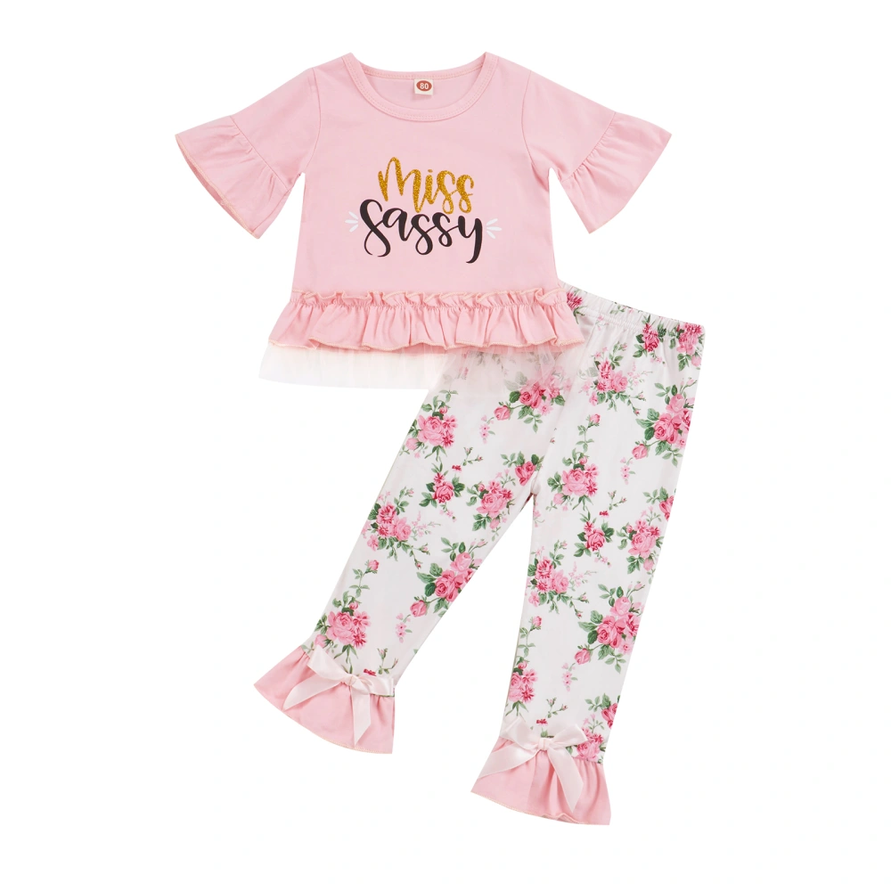 Girls T-shirt Set Letter Print Short Sleeve Tops Bell-bottom Pants