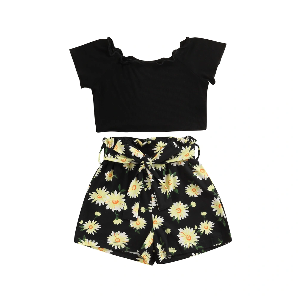 2Pcs Girls Outfit, Solid Color T-Shirt + Daisy Print Belted Shorts