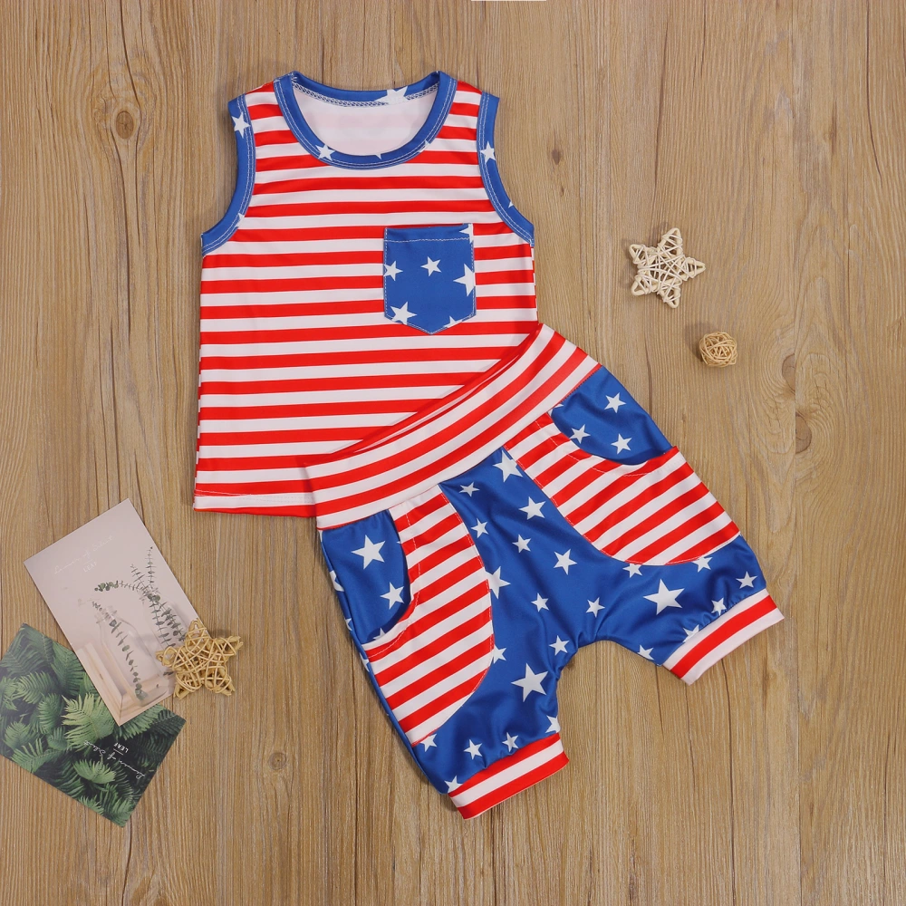 Boys Clothes Set, Red Round Collar Vest and Elastic Waist Shorts