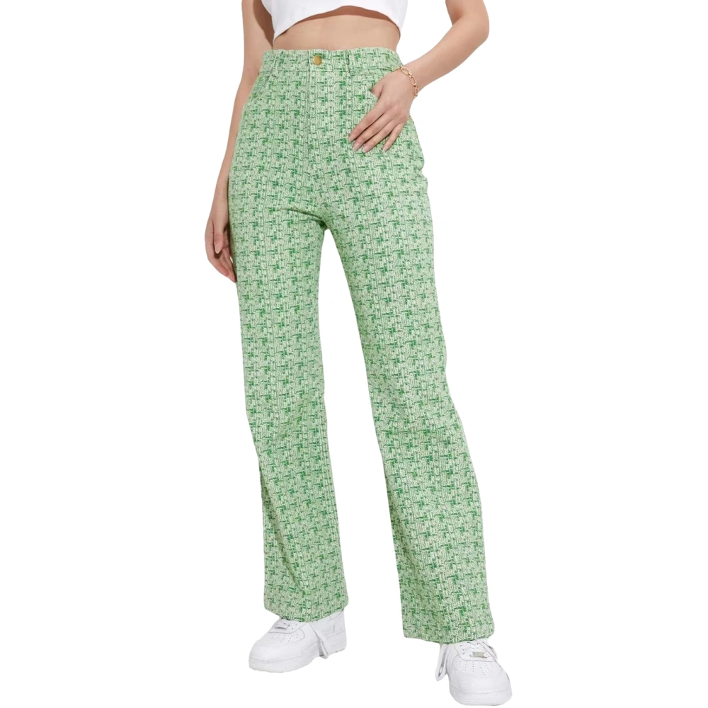 Women Straight Trousers with Chic Print, High Waist Clothing