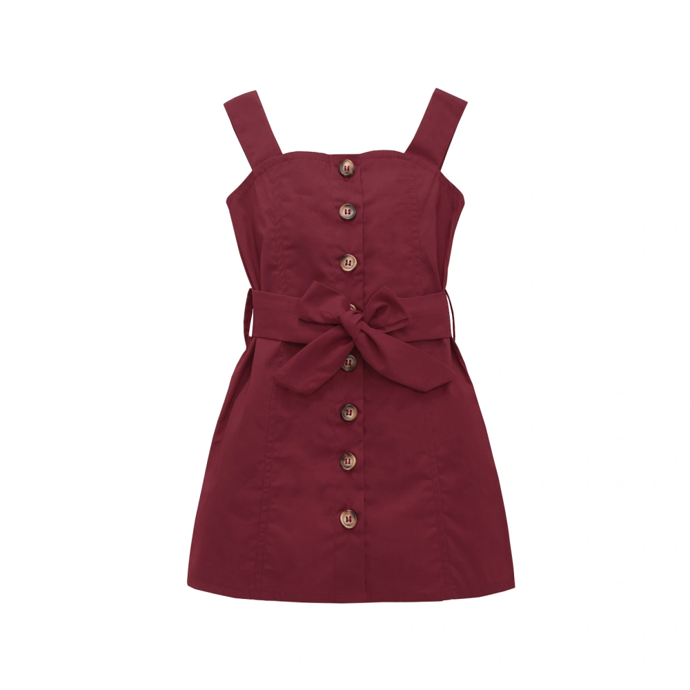 Sleeveless Dress, Tie-up Solid Color Button One-piece with Belt