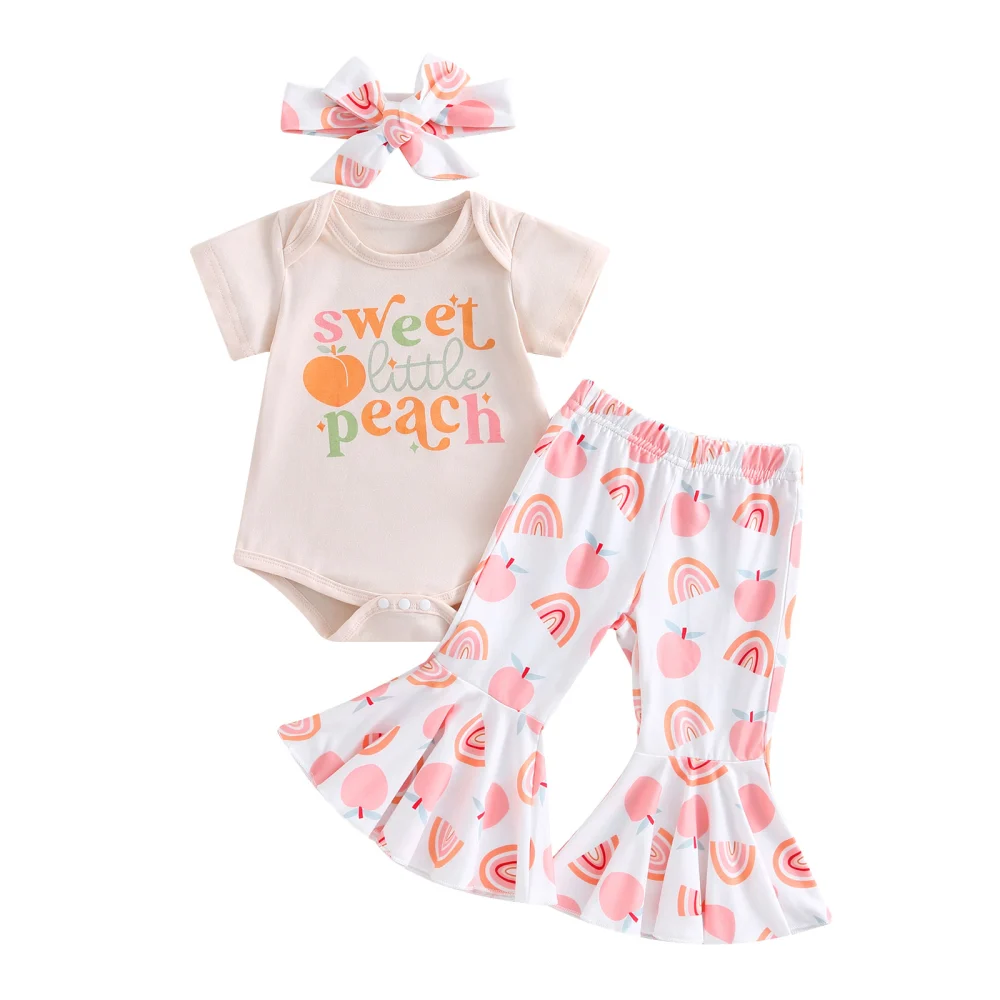 Infant Girls Clothes Suits Letter Print Romper Flare Pants Headband