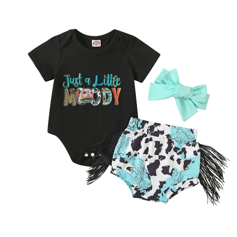 Baby Girls Black Short Sleeve Romper + Cow Print Shorts + Headband