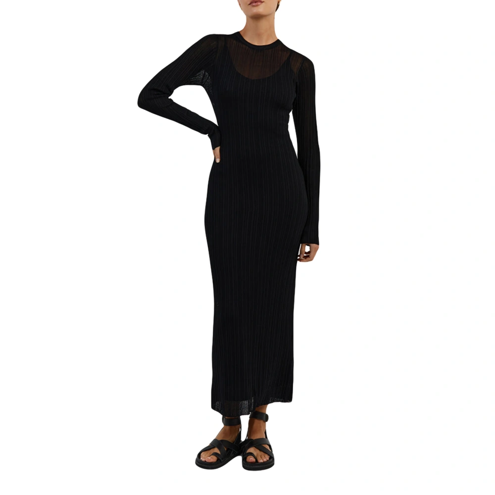 Women's Bodycon Midi Dress, Casual Long Sleeve Solid Color Knit Dress