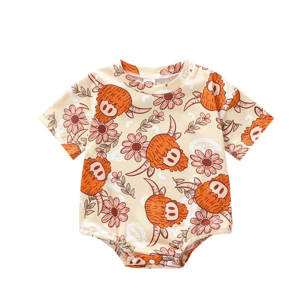 Newborn Baby Girls Jumpsuit Floral Bull Head Print Short Sleeve Romper