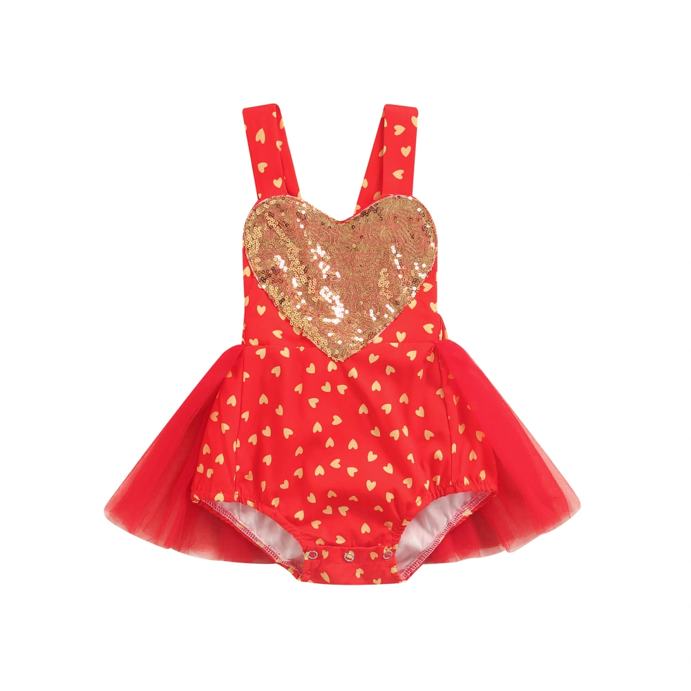 Baby Girl Romper Dress Sleeveless V Neck Heart Sequined Skirt 