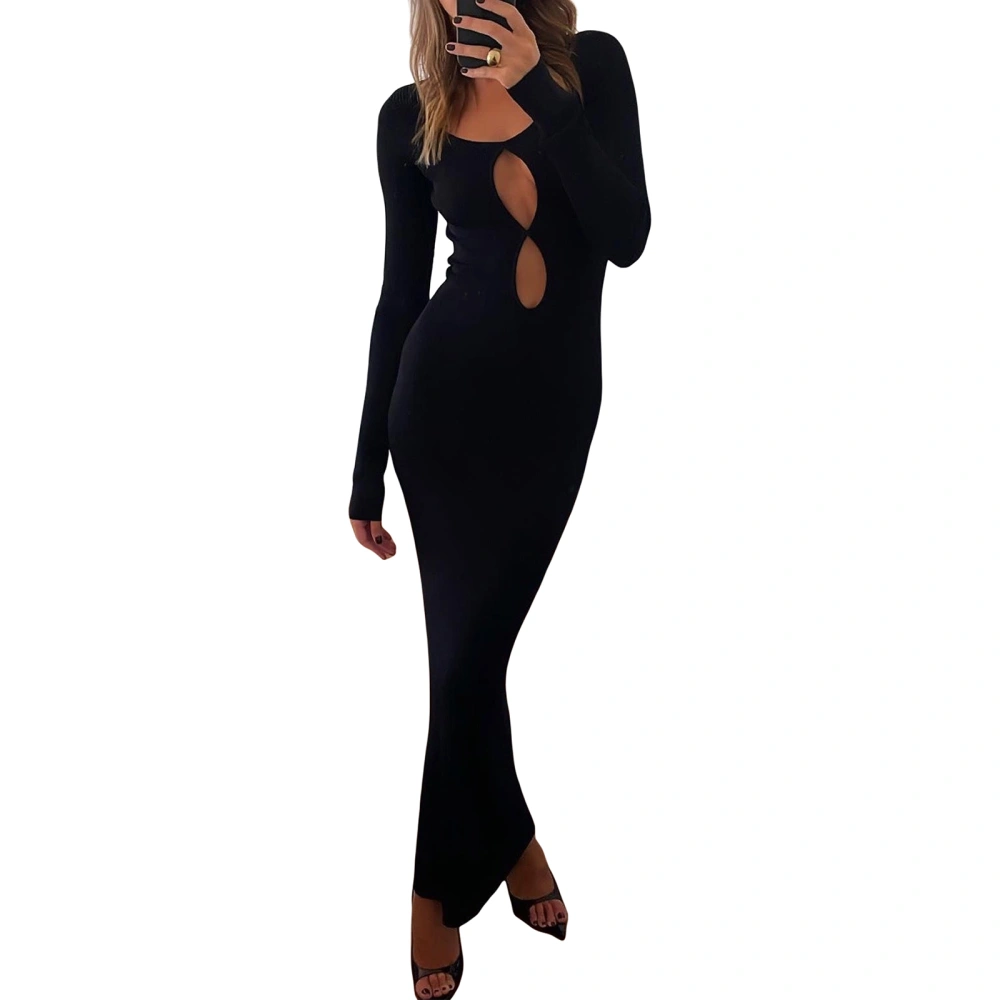 Women Long Dress, Solid Long Sleeve Scoop Neck Hollow-Out Dress