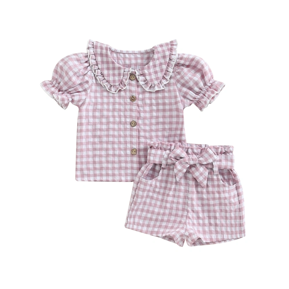 Baby Girl Summer Outfits Short Sleeve Doll Collar Plaid Shirt + Shorts