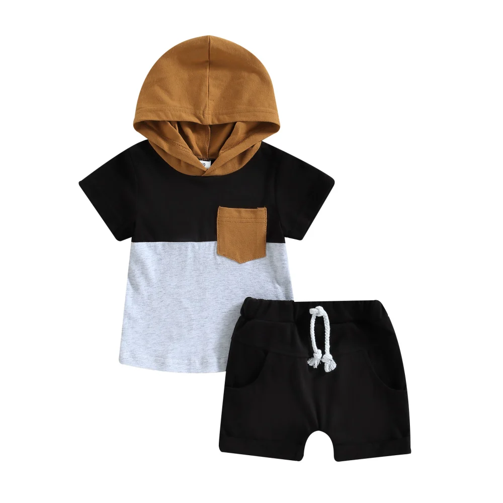 Boy Hooded Short Sleeve Tops + Drawstring Solid Color Pants 