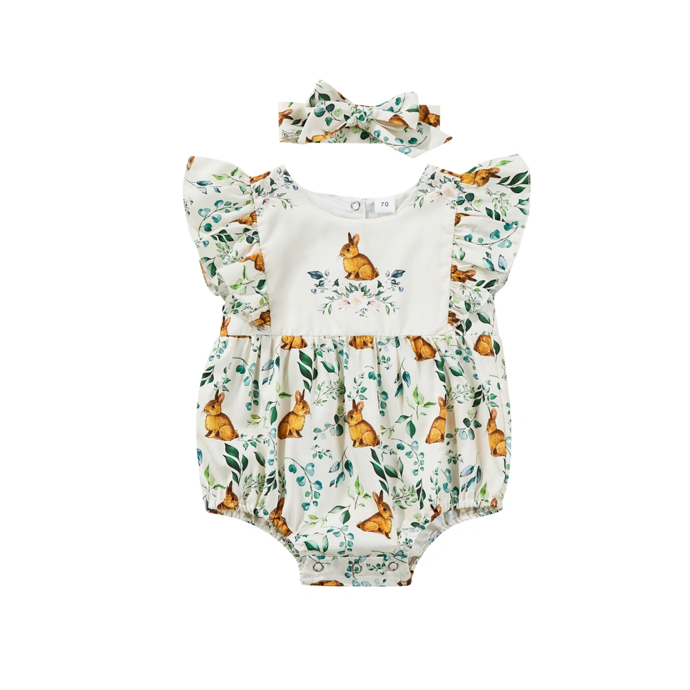 Infant Baby Girl Fly Sleeve Romper Flower Rabbit Bodysuit + Headband