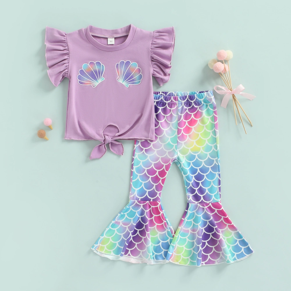 Kid Girls Outfit Set Shell Print Crop Tops Fishscale Print Flared Pant