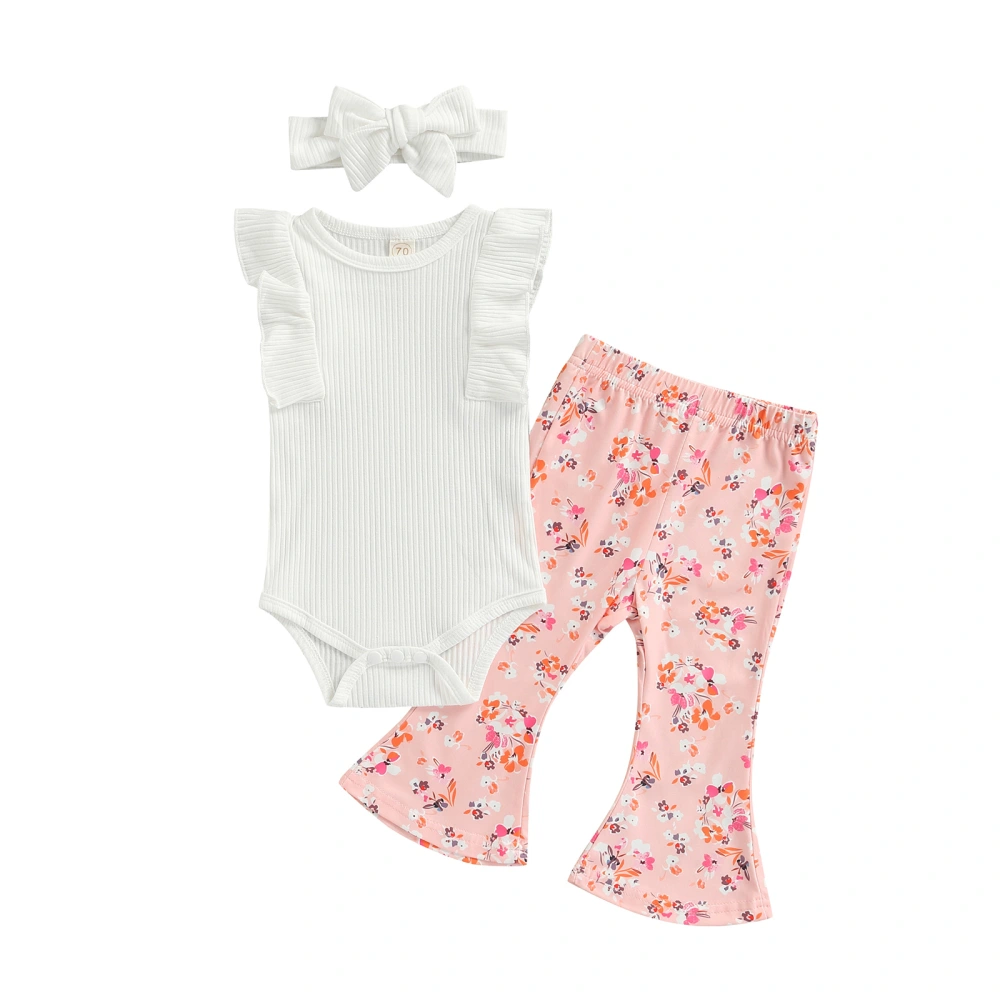 Baby Girls 3 Pieces Outfit, Solid Color Romper + Pants + Headband