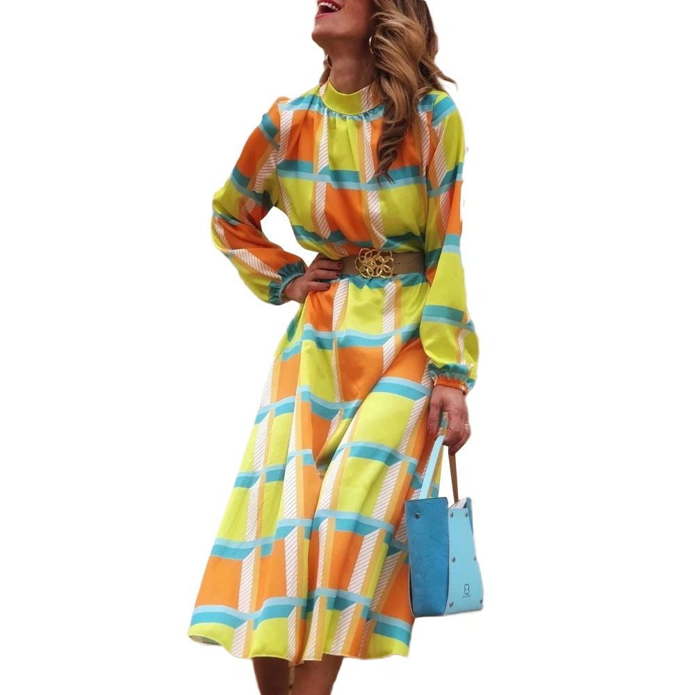 Ladies Long Dress Colorful Geometric Half Turtleneck Long Sleeve Dress