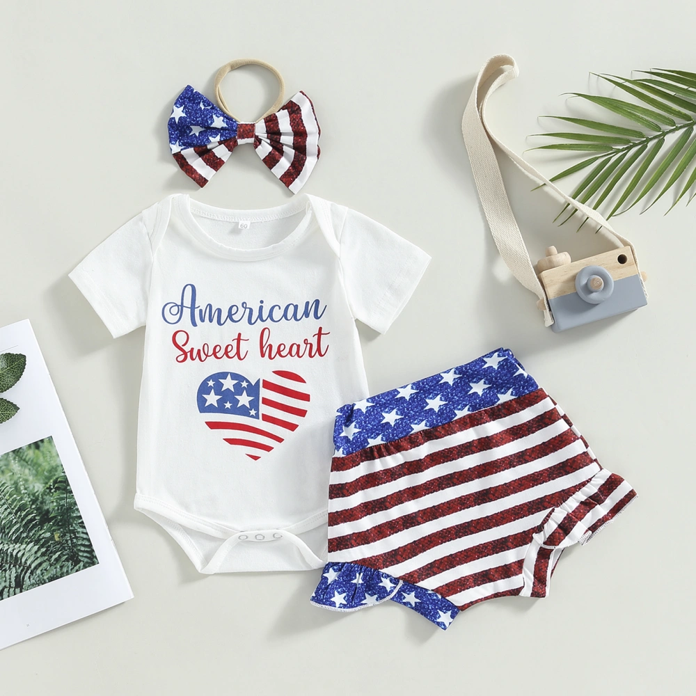 Baby Girl 4th of July Outfits, Romper + Shorts + Bow Headband Set