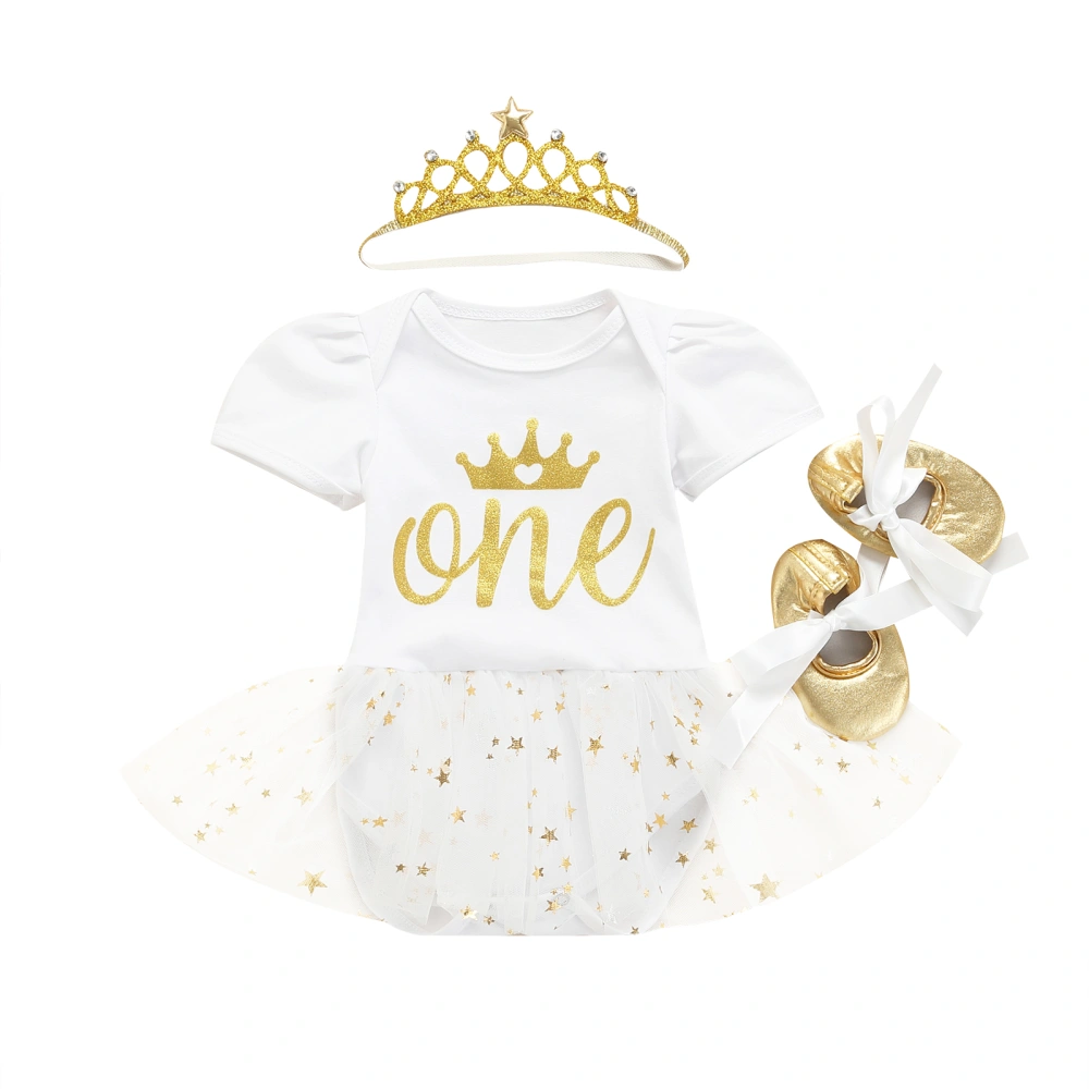 Girls Birthday Outfit  White Letter Mesh Romper + Headband + Shoes