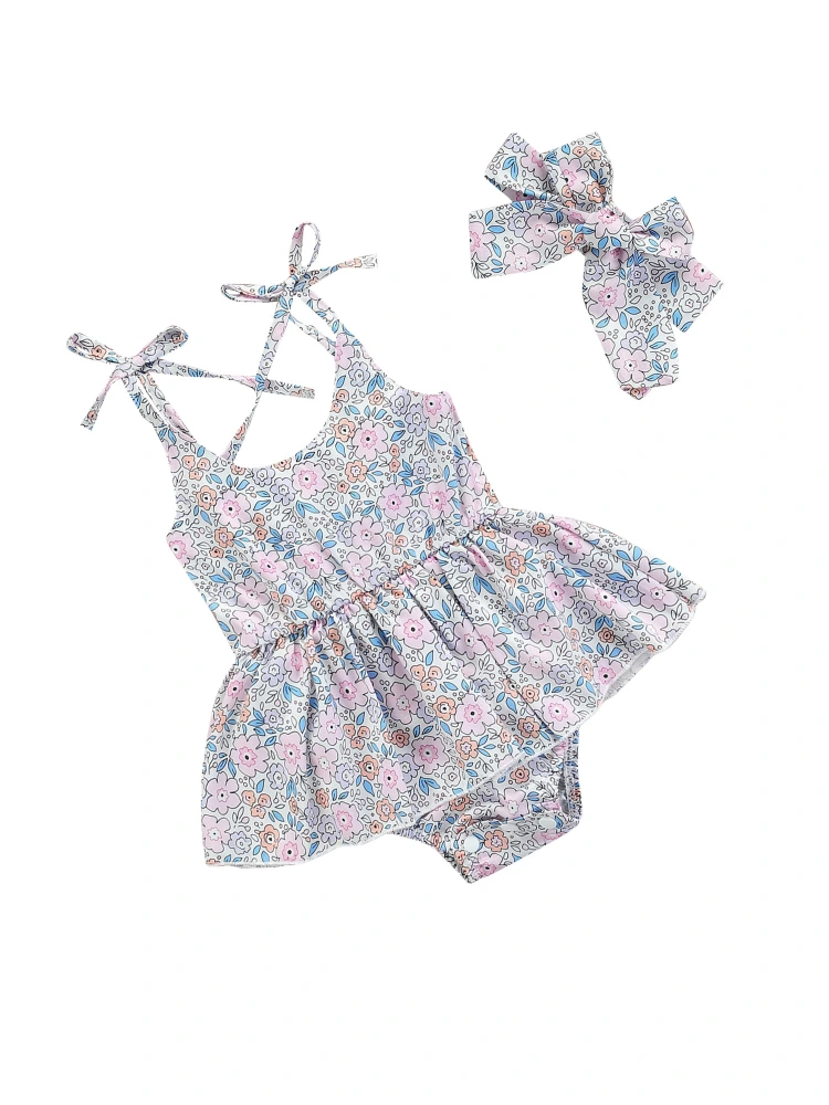 Baby Girls Outfit, Printing Sleeveless Suspender Romper, Headwear