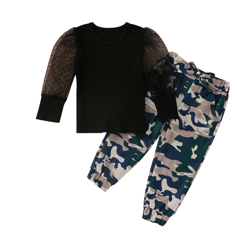 Kid Girls Pants Set, See-through Sleeve Tops with Camouflage Pants