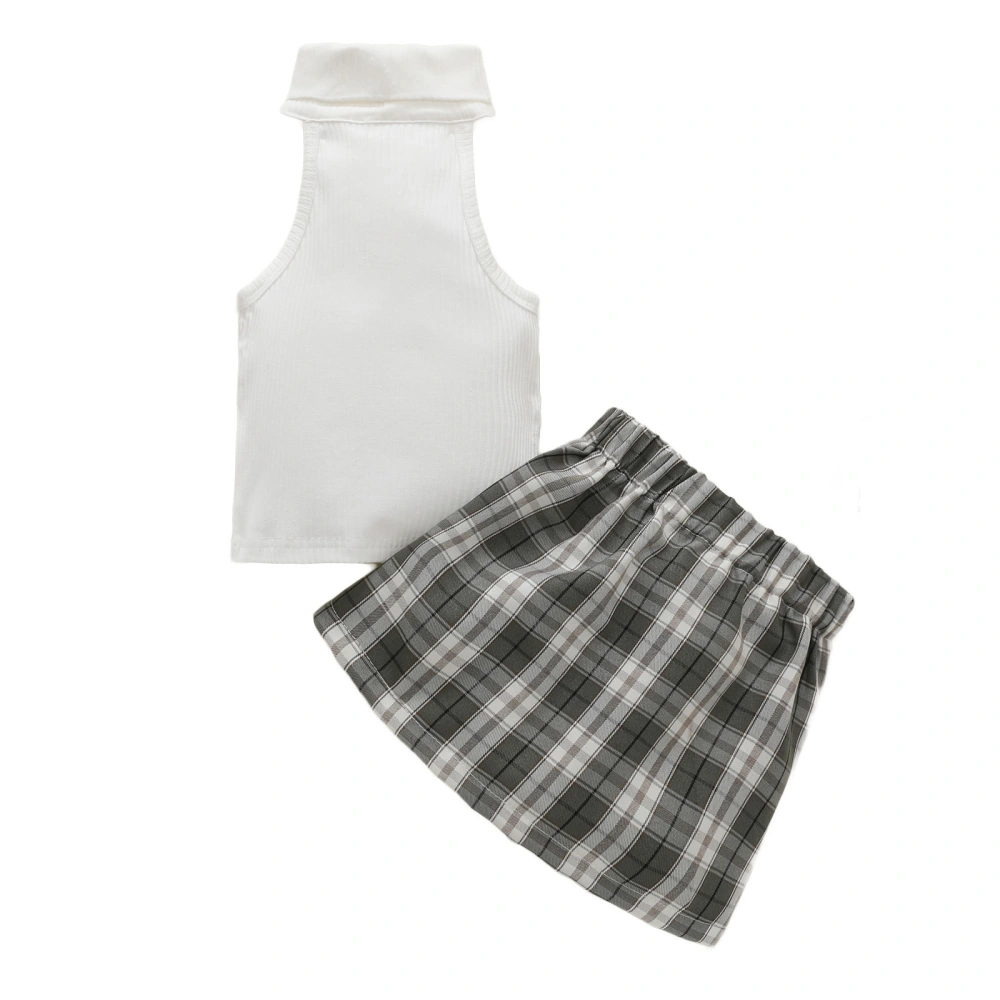 Kids Solid Color Round Neck Sleeveless Tops+ Plaid Midi Skirt