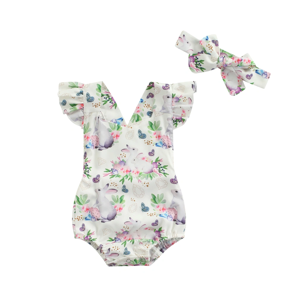 Baby Girl Easter Romper Set, Rabbit Fly Sleeve Playsuit + Headband Set