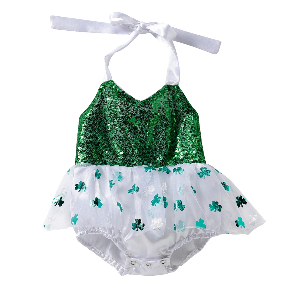 Infant Baby Girls Romper Sequins Green Clover Print Halter Bodysuit