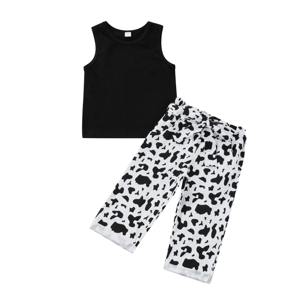 Girl’s Fashion Solid Color Vest and Cow Pattern Cropped Trousers Set