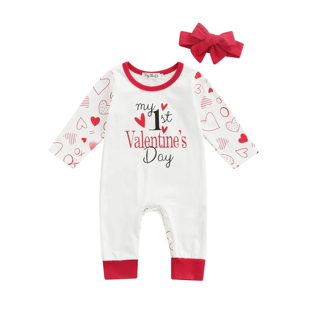 Newborn Baby Two Piece Set, Valentine Day Lettering Romper Hairband