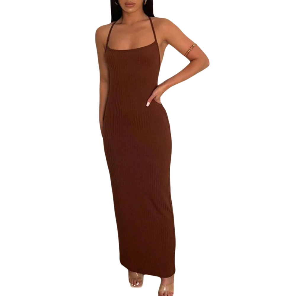 Women's Solid Color Sleeveless Dress Tie Back Knitted Long Dress