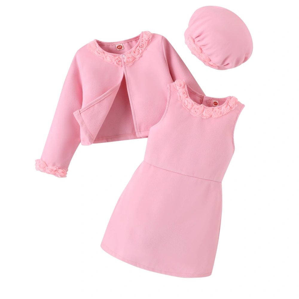 Girls Pink Long Sleeve Coat Sleeveless Button Flower Dress Hat Set