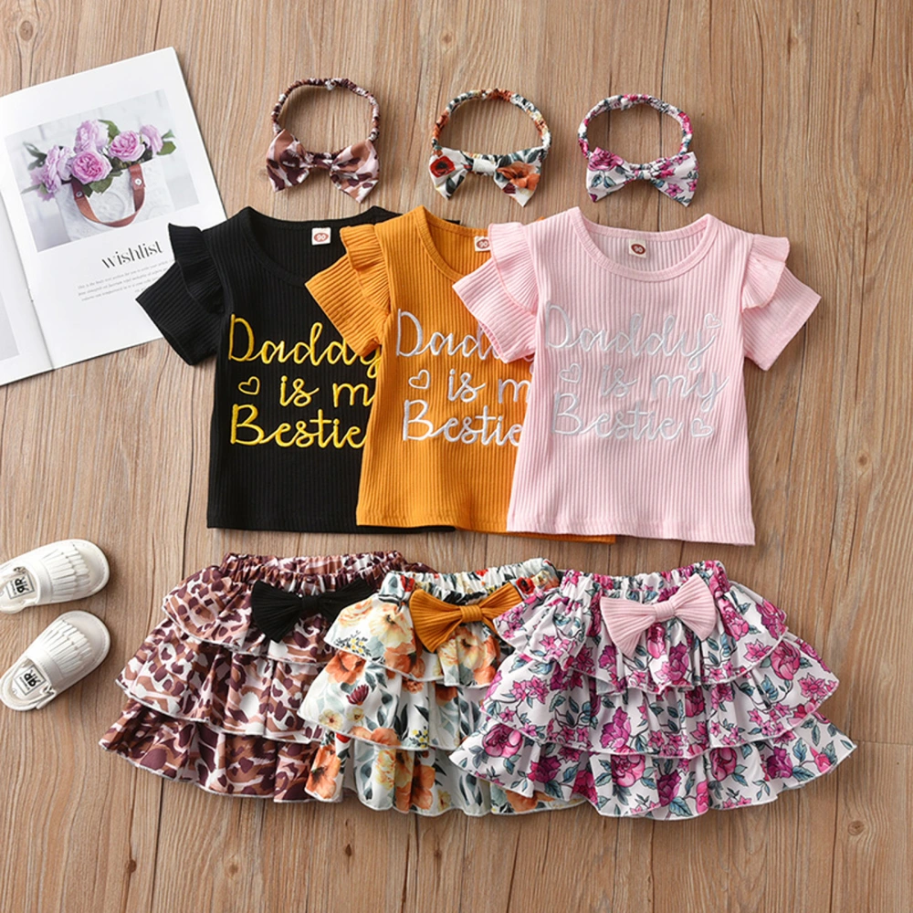 Kids Letter O-Neck Short Sleeve Tops+ Floral Tiered Skirt+ Headband