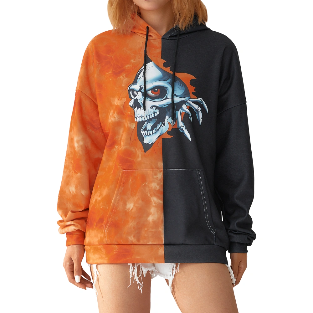 Women's Long Sleeve Hoodie, Contrast Color Skull Print Patchwork Tops