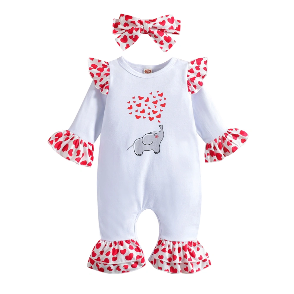 Girl’s Elephant Heart Print Ruffle Long Sleeve Jumpsuit with Headband