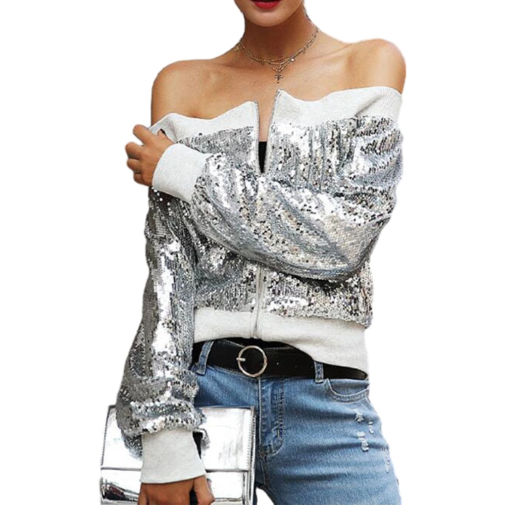 Women's Sequin Party Jackets Off Shoulder Long Sleeve Jackets Blazers