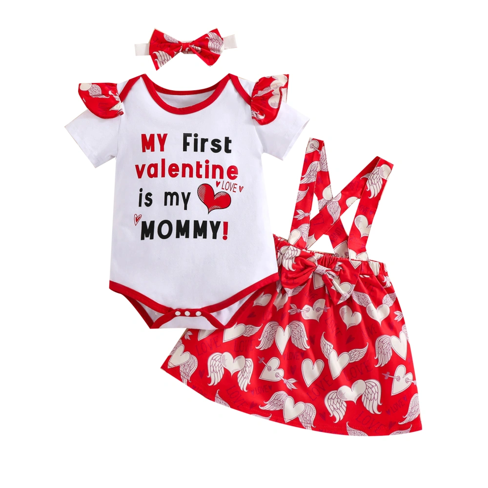 Baby Valentine's Day Romper + Suspender Skirt + Bow Headband Clothing