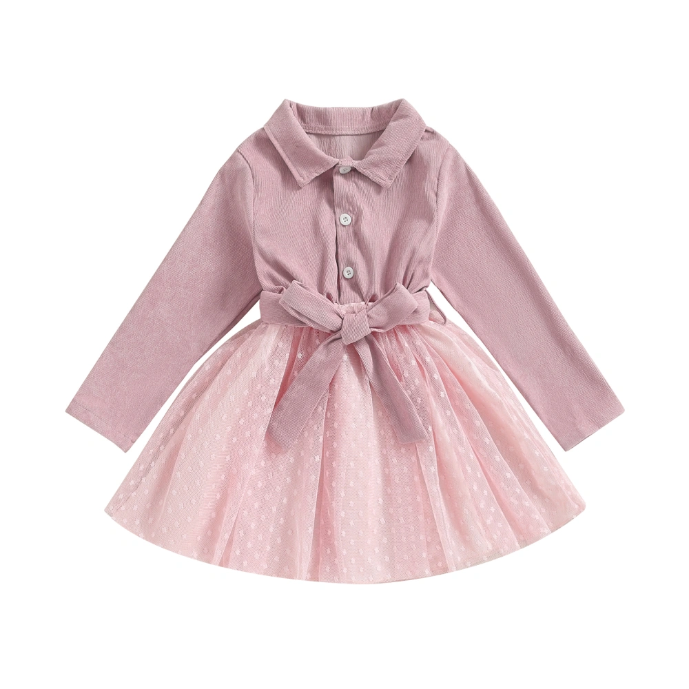 Kids Girls Dress Wedge Block Pattern Mesh Patchwork Turn-Down Collar Long Sleeve Dress Fall Princess Dress with Belt