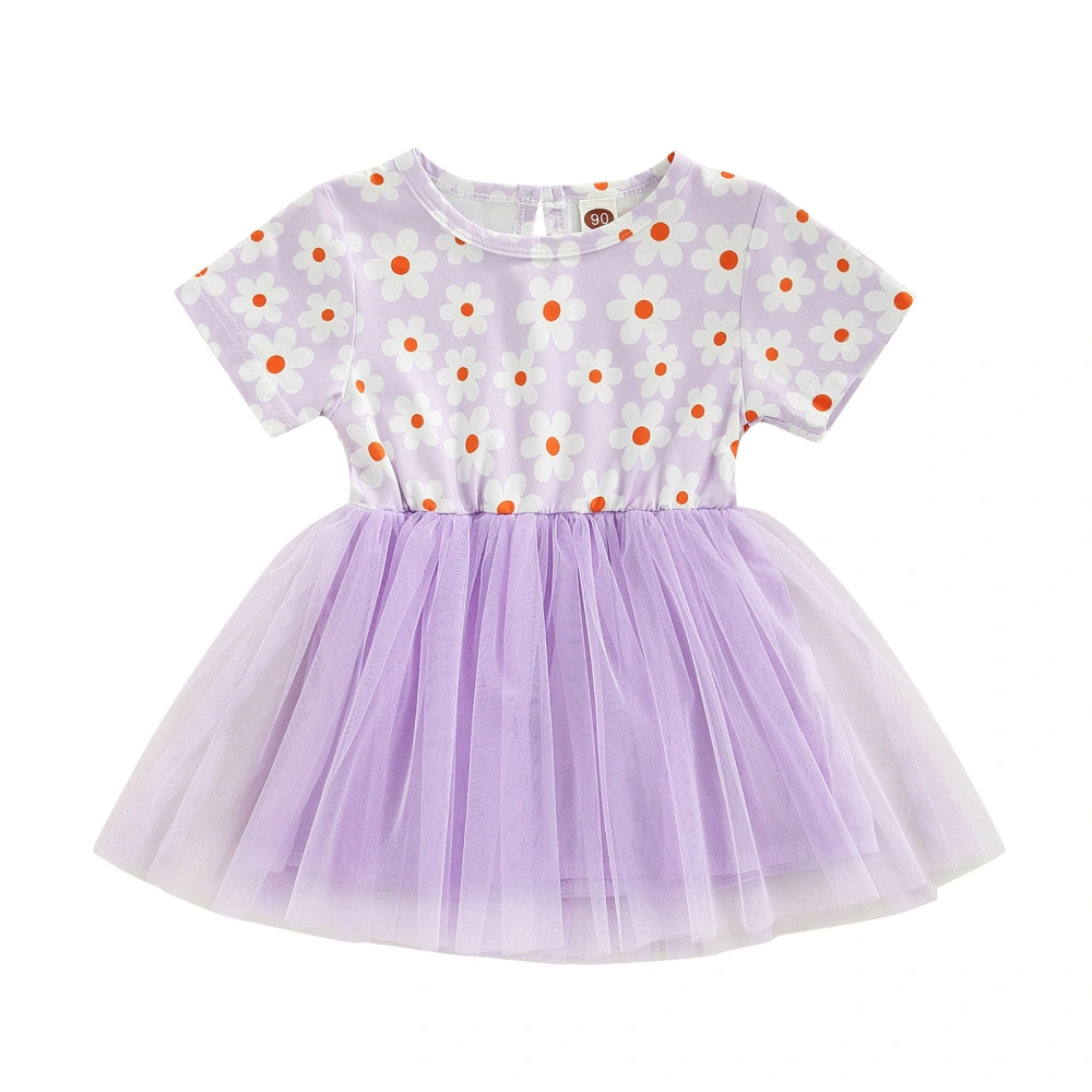 Tutu Dress, Flower Print Short Sleeve Round Neck Patchwork One-piece