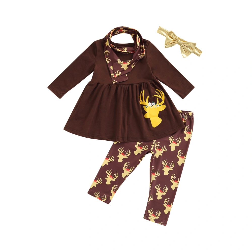 Christmas Kid Girls Pants Set, Cowl Neck Dress with Elk Print Pants