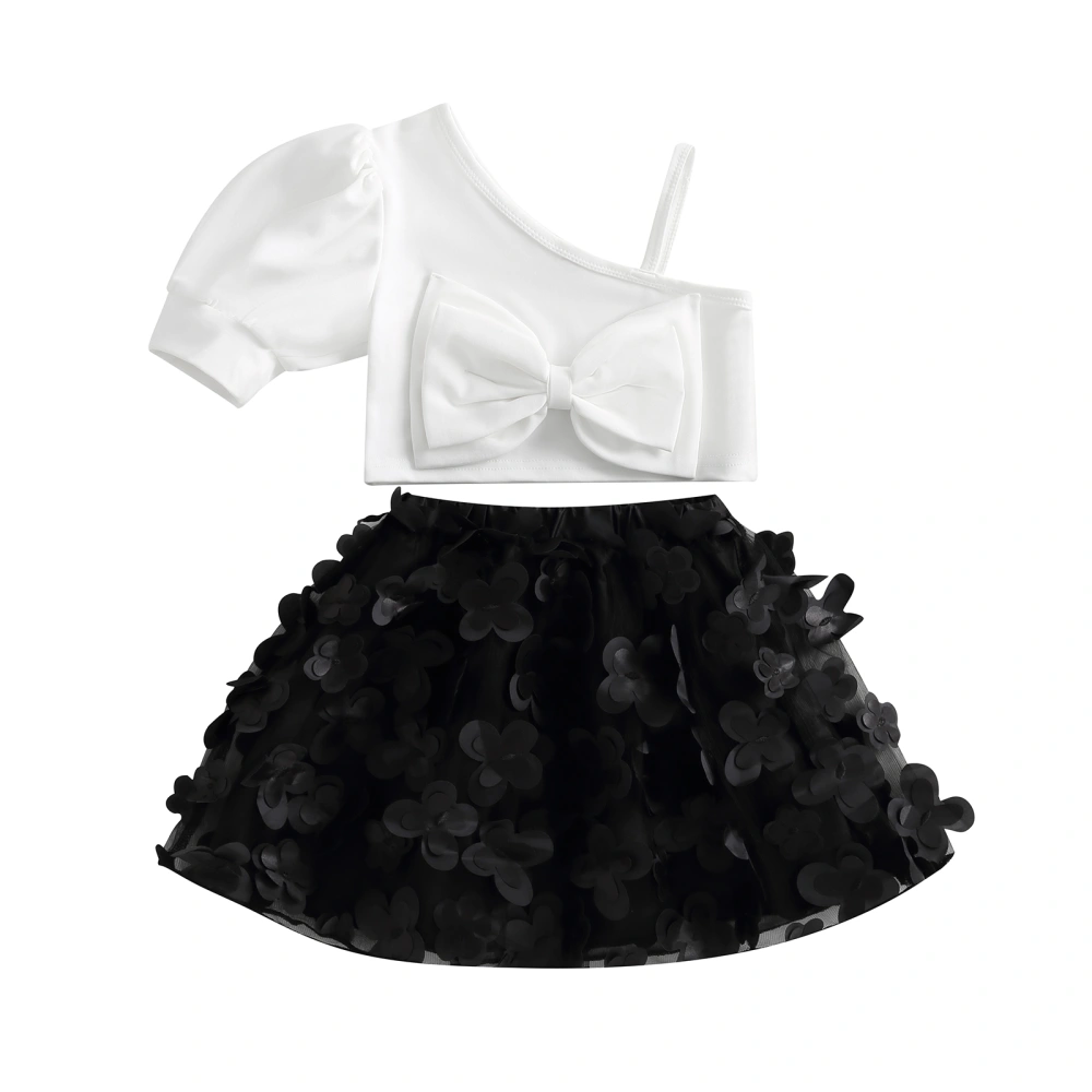 Girls Short Sleeve One Shoulder Bow Tops + 3D Butterfly Skirt