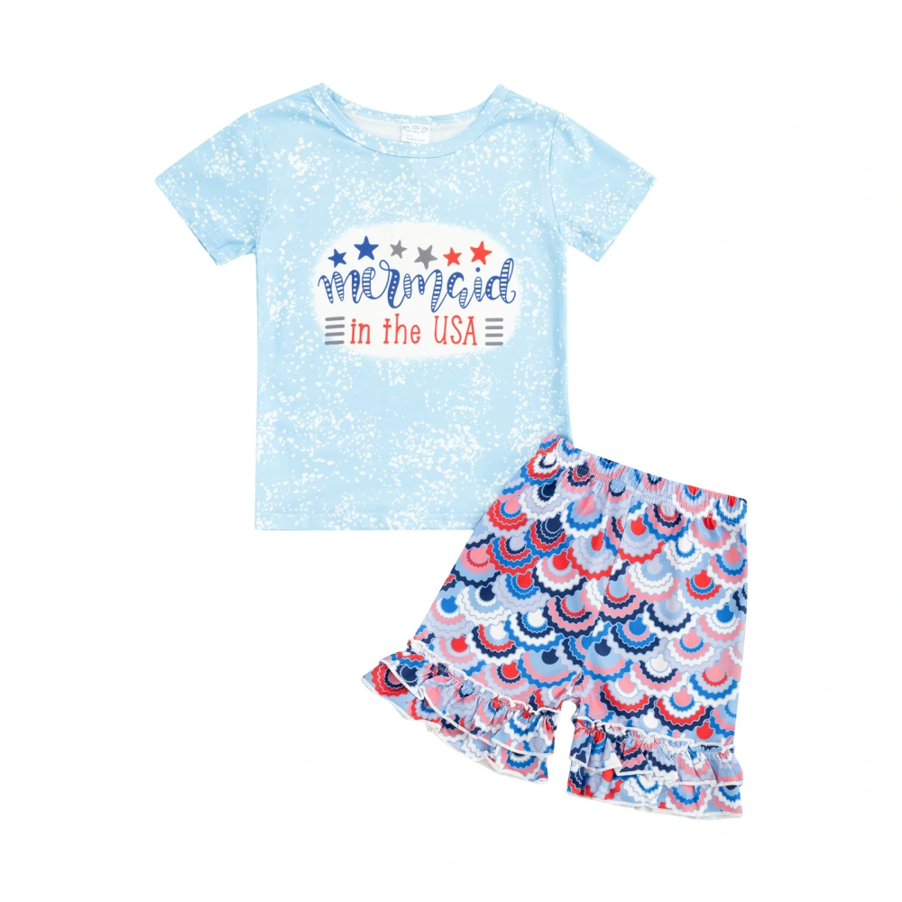 Girls Printed Clothes Set, Round Neck T-Shirt + Colorful Shorts