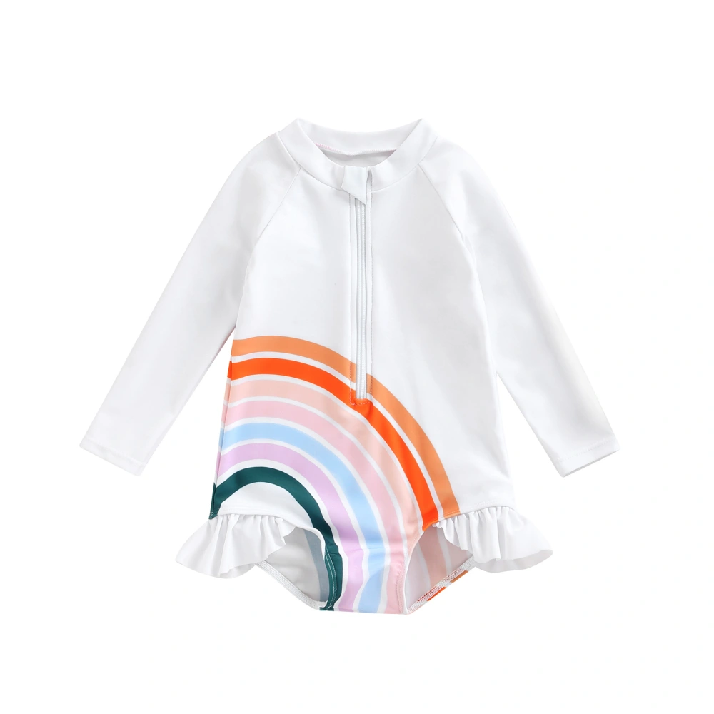 One Piece Swimsuit, Rainbow Print Round Neck Long Sleeve Swimwear