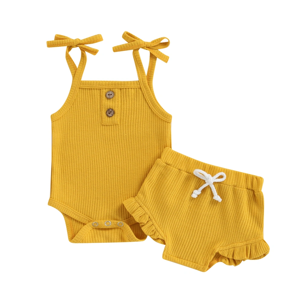 Baby Girl’s Solid Color Suspender Romper and Tie-up Short Pants Set