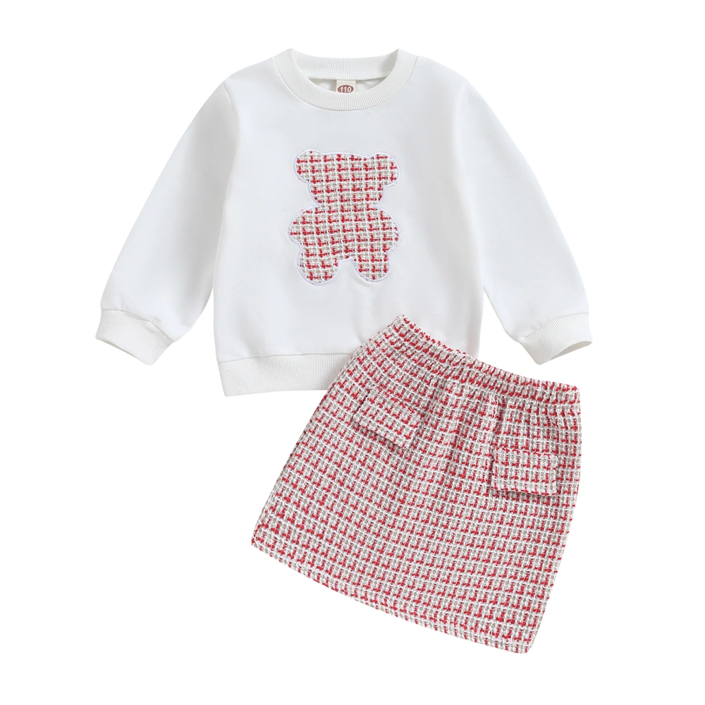 Toddler Girls Long Sleeve Bear Embroidery Tops Plaid Skirt Sets