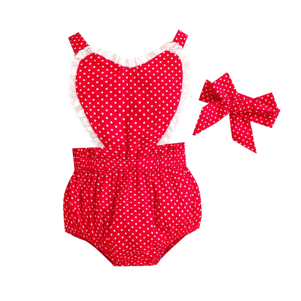 Baby Girl’s Dot Print Heart Shaped Suspender Romper with Headband