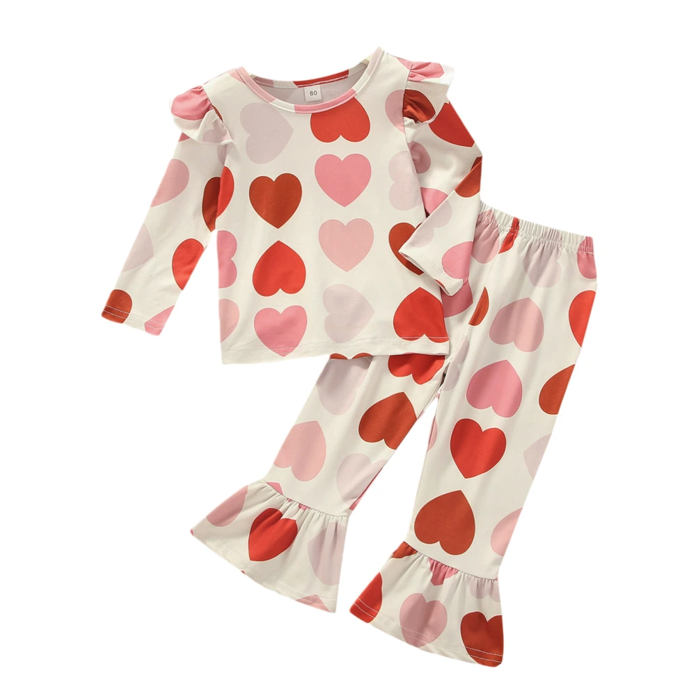 Girls Pants Suit, Heart Print Pullover and Bell Bottom Trousers