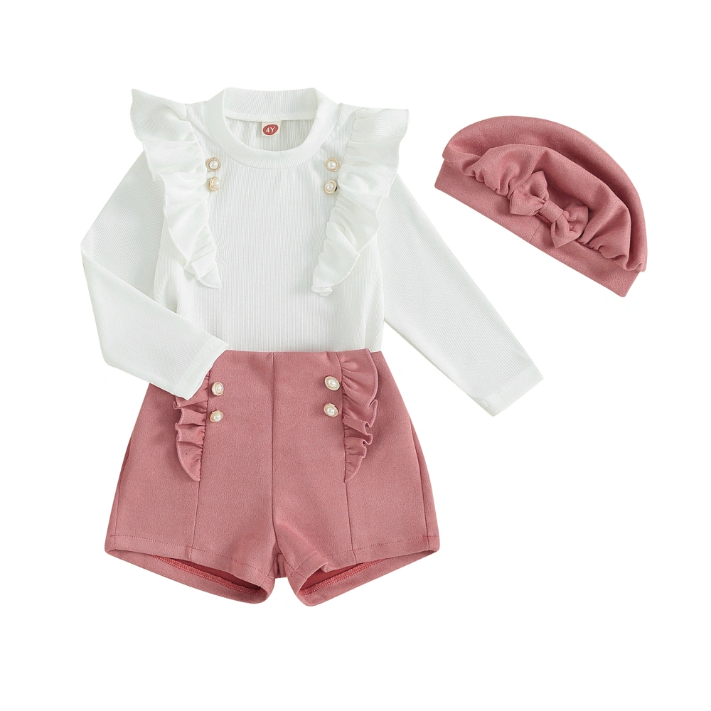 Girls White Long Sleeve Crew Neck Tops Ruffle Shorts Beret Sets