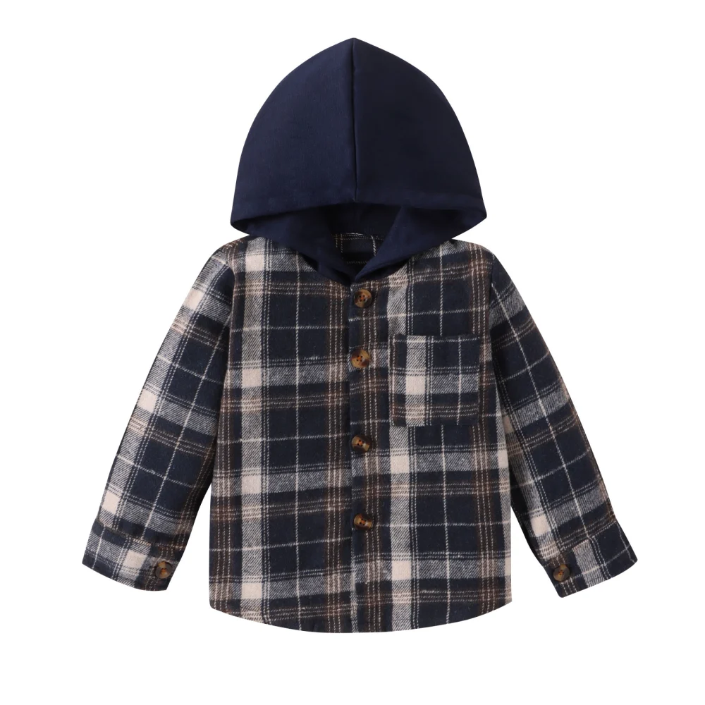 Toddler Hooded Plaid Shirt Long Sleeve Button Tops Kid Fall Jacket